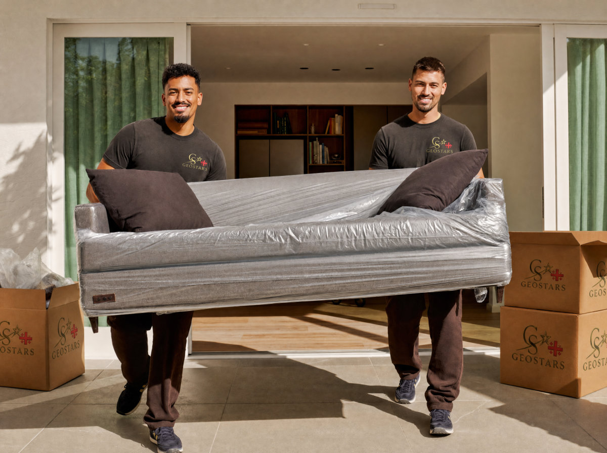 Movers carrying a sofa out of a home